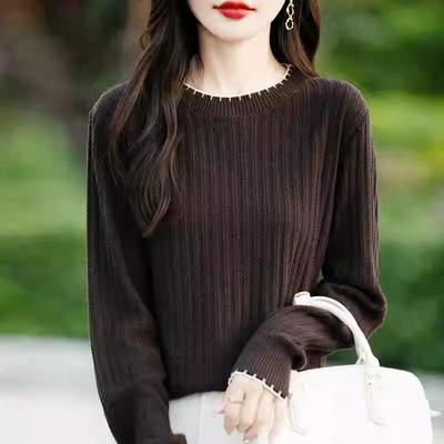 纯棉线花边圆领针织衫毛衣女秋冬触感肌理感打底衫别致全棉线上衣