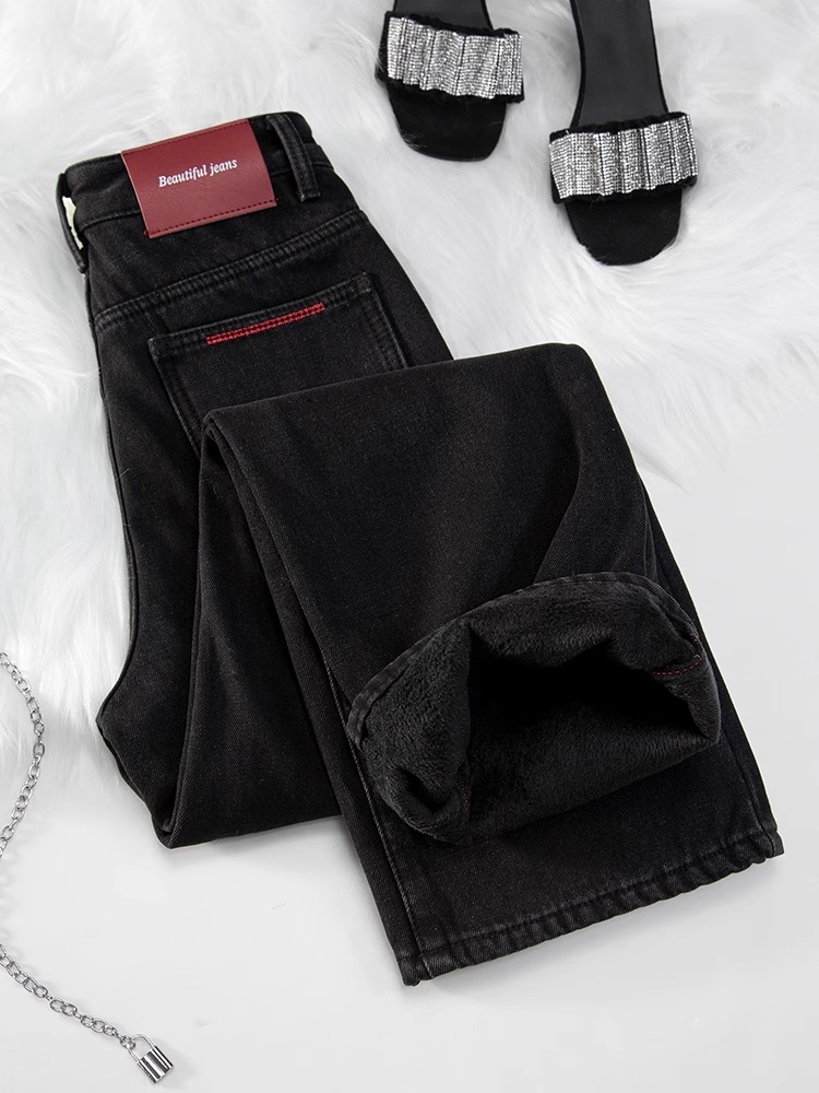 加绒窄版直筒牛仔裤女秋冬2025年新款高腰宽松显瘦黑灰色阔腿裤子