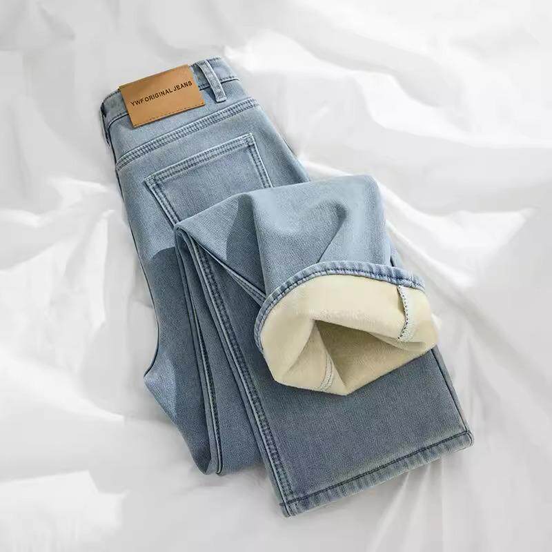 浅色直筒牛仔裤女秋冬加绒2025新款高腰修身显瘦烟管裤子冬季长裤