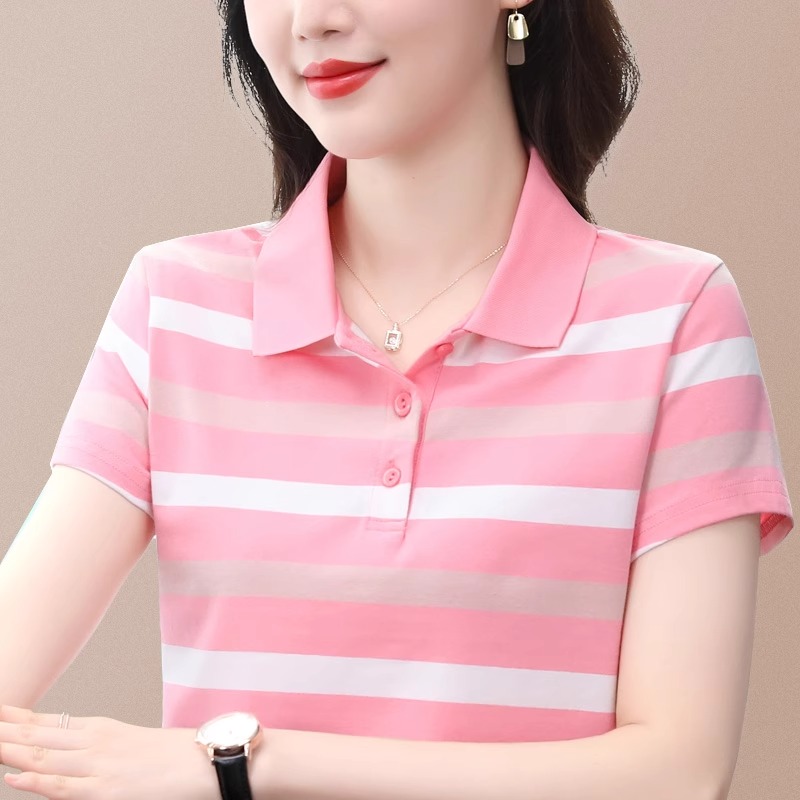 条纹短袖t恤女翻领夏季薄款2024年新款女士纯棉polo衫运动上衣潮