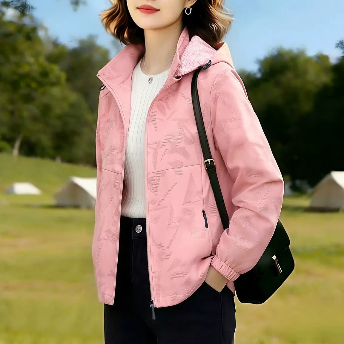 时尚百搭中年妈妈连帽外套女2026年新款春秋户外防风休闲薄款夹克