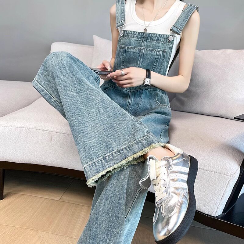 复古阔腿牛仔背带裤女夏季2024新款减龄毛边宽松直筒工装拖地长裤