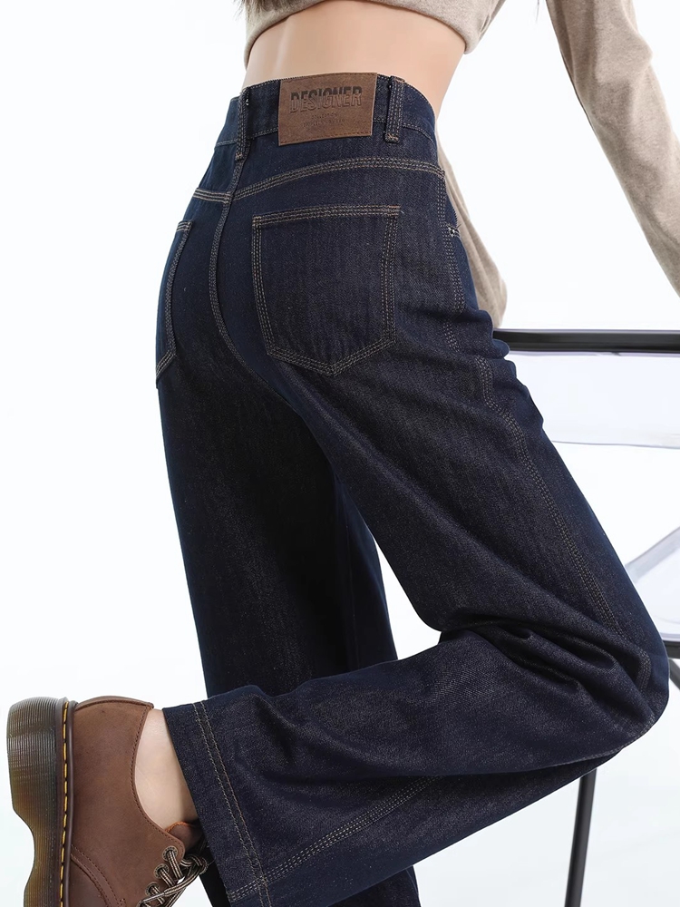 深蓝色直筒牛仔裤女春秋2025新款高腰垂感美式宽松显瘦窄版阔腿裤