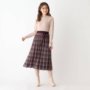 明星杂志款 优雅知性浪漫千鸟格拼接收腰系带针织连衣裙 22秋冬