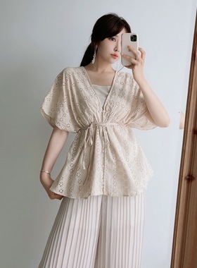 追单~Ch1co 21ss店头主推 甜美镂空花纹喇叭袖纯棉收腰上衣衬衫