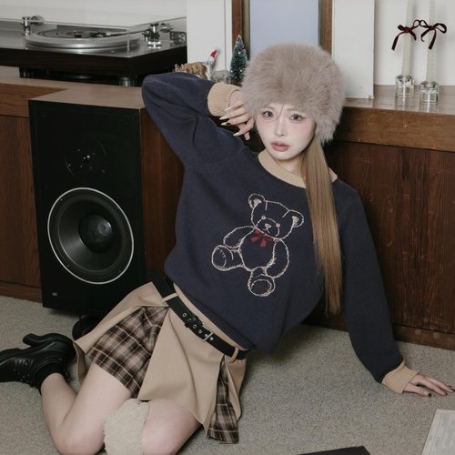 美式学院风！D@r1ch人气款 小熊刺绣撞色圆领宽松休闲百搭针织衫