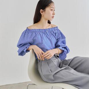 十二分惊艳！两穿式圆领一字领条纹/纯色减龄喇叭袖立体打褶上衣