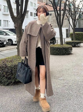 追单王！2W E@phi法式优雅复古千鸟格单排扣无领长款羊毛大衣外套