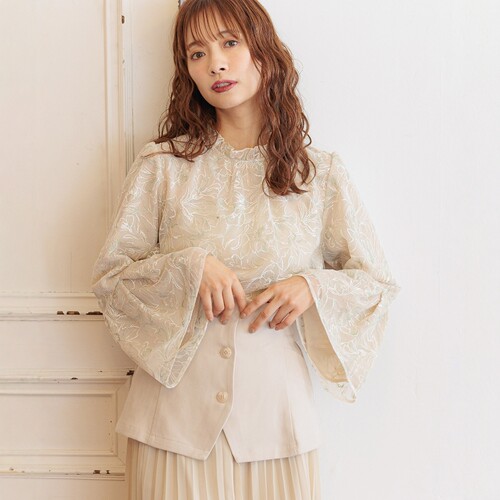 盎然大美轻奢LACE BLOUSE 繁花感网纱刺绣蕾丝木耳领喇叭袖衬衫