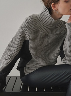 代g1200+E1ENDE*K 敲重磅 慵懒感 高领廓形版塔夫绸双材拼接毛衣