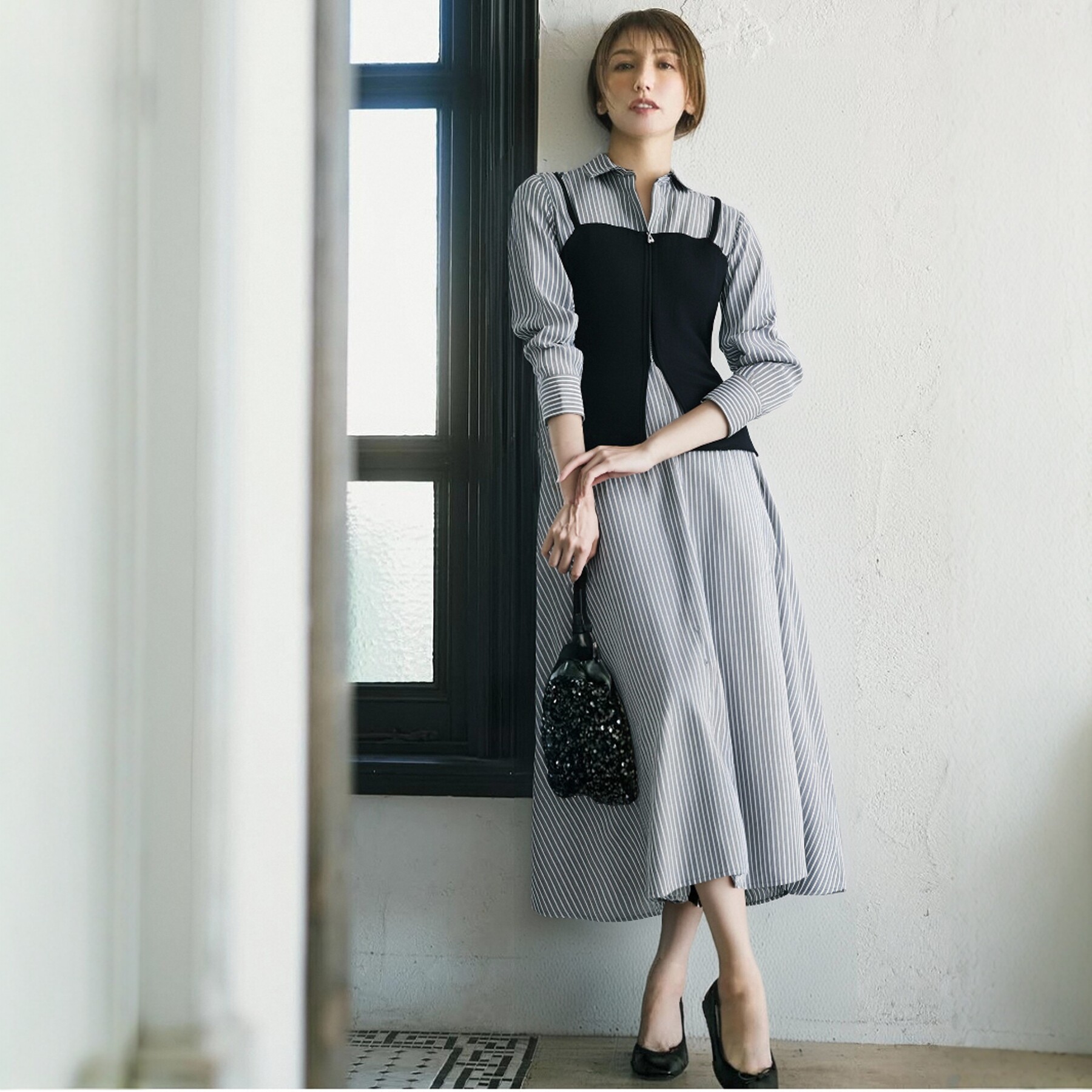 气质减龄LOOK 千金线N家 打褶收腰衬衫连衣裙+针织吊带上衣 套装