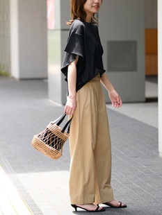 JS re1ume 弧形剪裁褶裥镰刀裤 進口有机荃棉松紧高腰宽松休闲裤