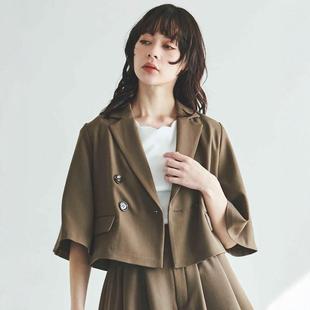 双排扣短西装 仅2件 麻调纤维减龄喇叭五分袖 富家千金 外套 1.4w