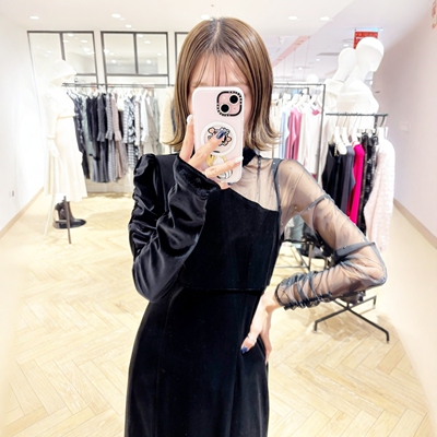 新年巨献 Mer超人气 气质女王 哑光丝绒 微透烫钻网纱H型连衣裙