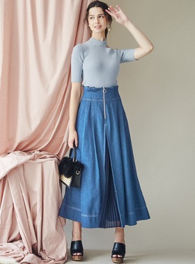 Nonno揭载 M家海报款 异素材百褶拼接 显高显瘦牛仔高腰A字半裙