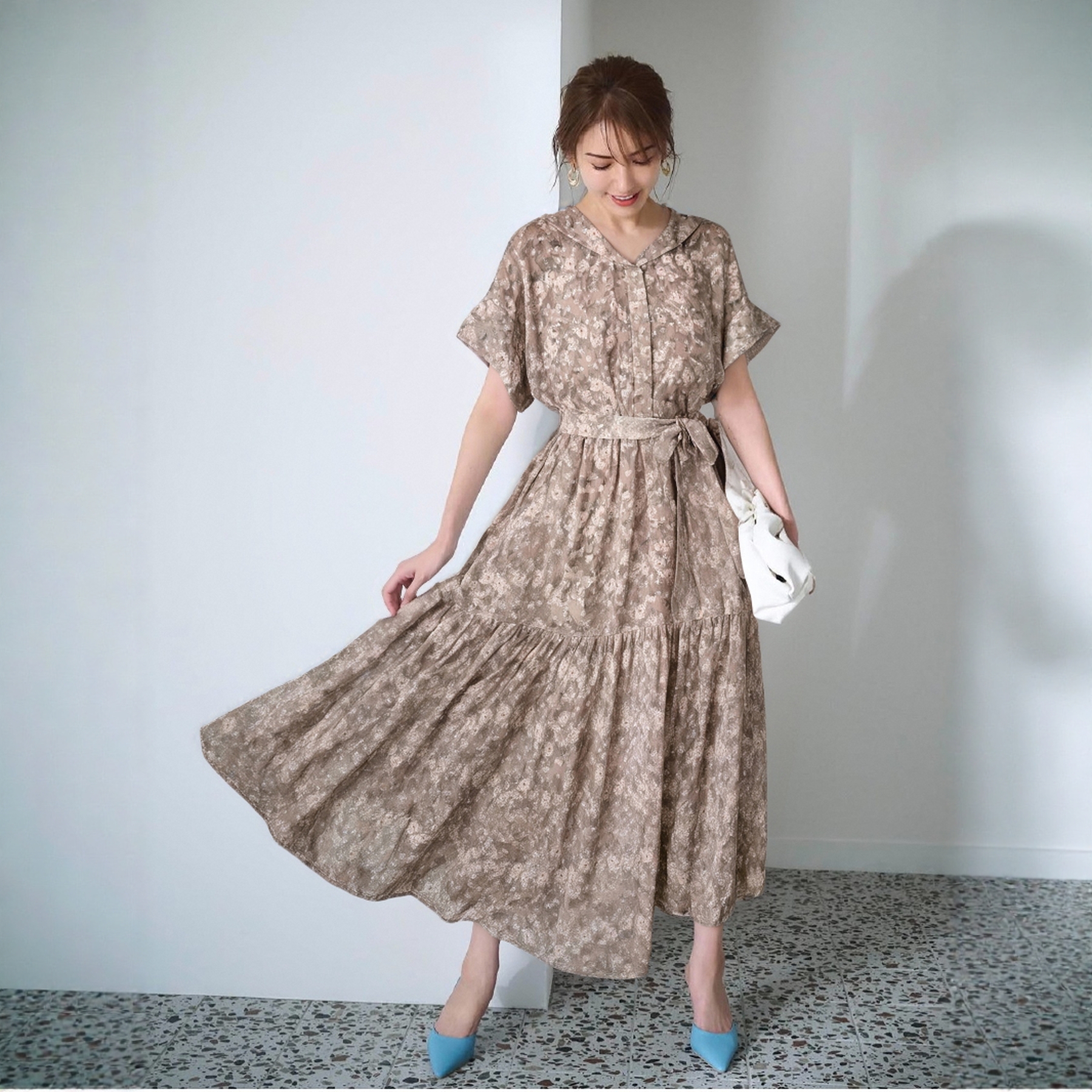 客供琎口提花海军领收腰连衣裙