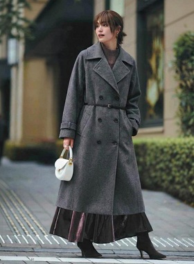 g2160~MO流线设计 86%黄金澳毛手缝双面呢落肩双排扣H型大衣外套