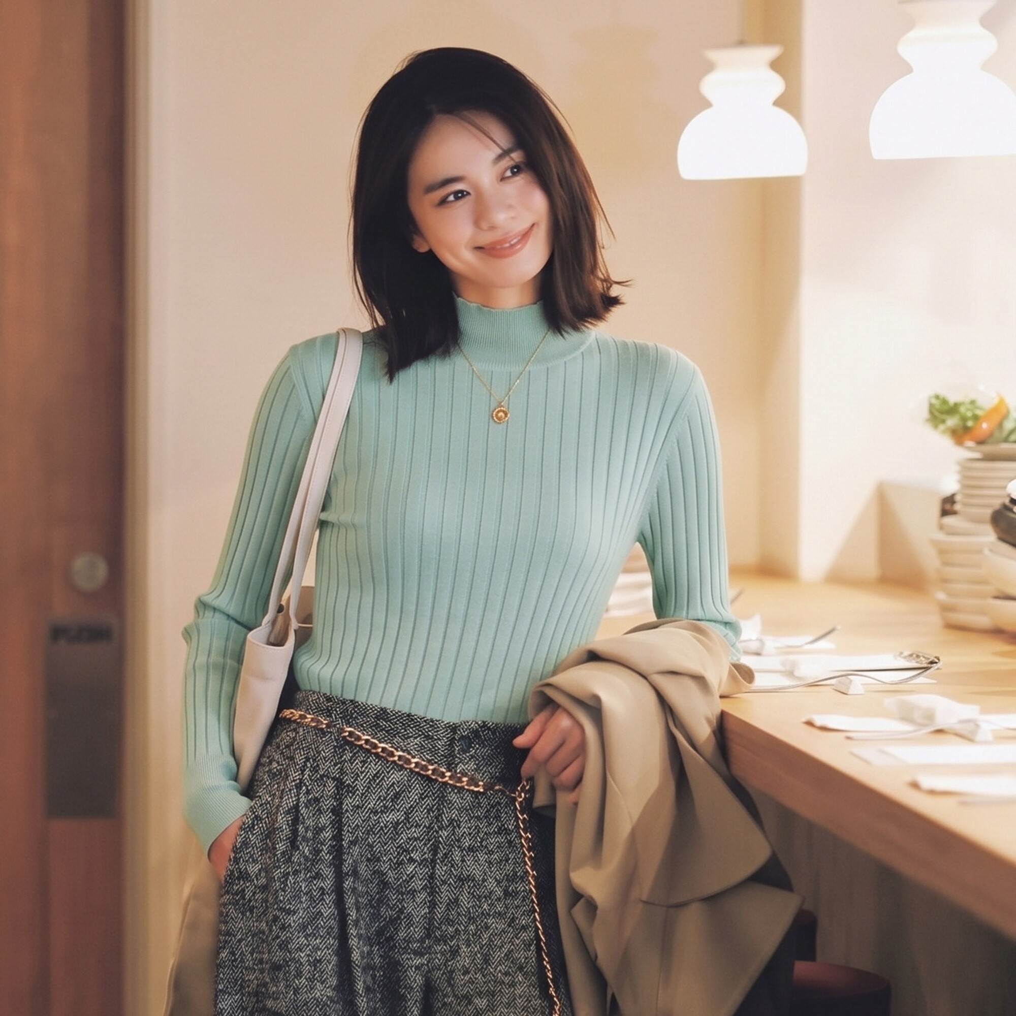 当代迷人智感 高工艺 100%桑蚕丝 光滑舒适法式半高领罗纹针织衫