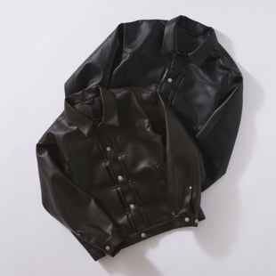 仅3件~JS re1ume 精英绅士感塔克褶门襟人造皮革翻领男士夹克外套