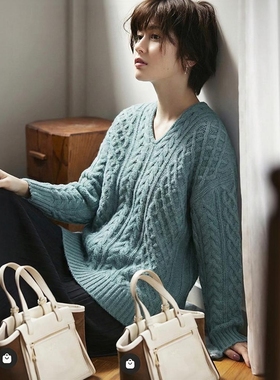 新年折扣！MO家 智性学究感 复古绞花 客供80羊毛V领百搭针织毛衣