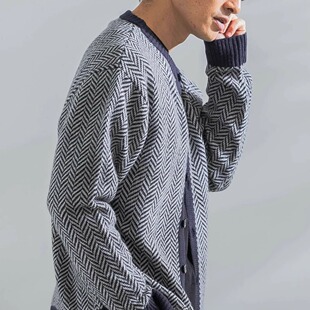 U R0sso 儒雅绅士 67%羊毛复古人字纹圆领男士针织开衫毛衣