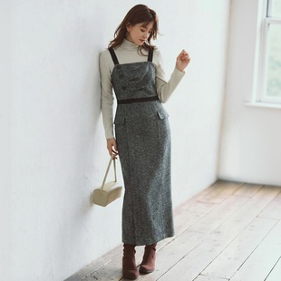 时髦大女主 不对称褶皱单排扣撞色腰线背带连衣裙 PBD家超人气