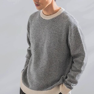 U R0sso 儒雅精英感 67%羊毛复古人字纹圆领男士针织衫毛衣