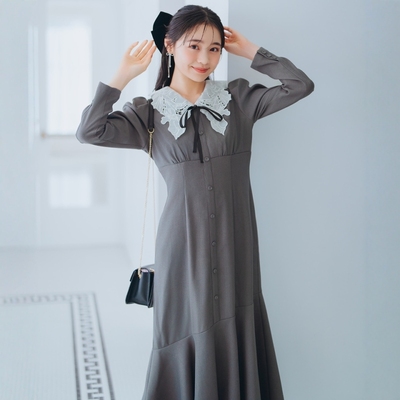 1.8w+will家 展现婀娜身姿 可拆刺绣花瓣领 斜裁鱼尾摆收腰连衣裙