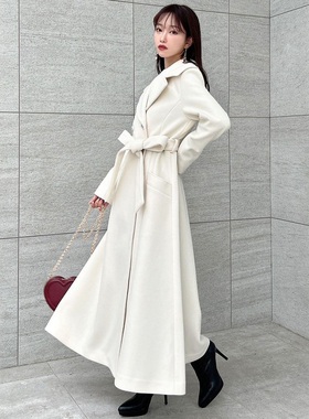 冬日序章~RESE超人气 优雅气质 系带收腰A字裙摆式大翻领毛呢外套