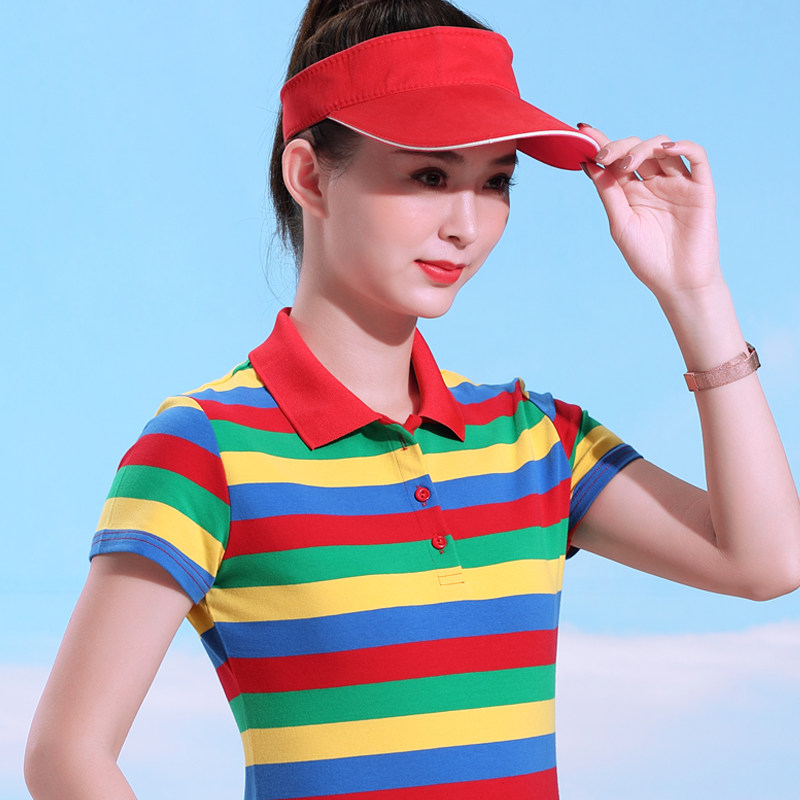 翻领短袖女T恤宽松中年妈妈条纹衫带领polo衫女运动上衣有领体恤