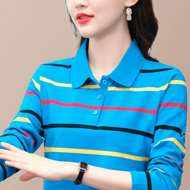新奇鼠长袖t恤翻领女装秋装带领polo衫女运动上衣条纹中年妈妈装