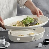 酒店保温鱼盘家用蒸鱼盘子商用陶瓷干锅蜡烛加热明炉餐具饭店专用