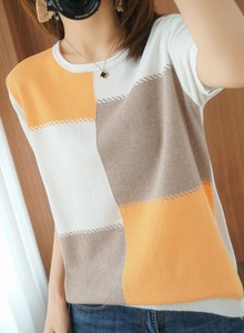 RY1762#圆领棉麻短袖女拼色T恤韩版宽松百搭显瘦半袖针织打底衫