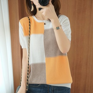 RY1762#圆领棉麻短袖女拼色T恤韩版宽松百搭显瘦半袖针织打底衫
