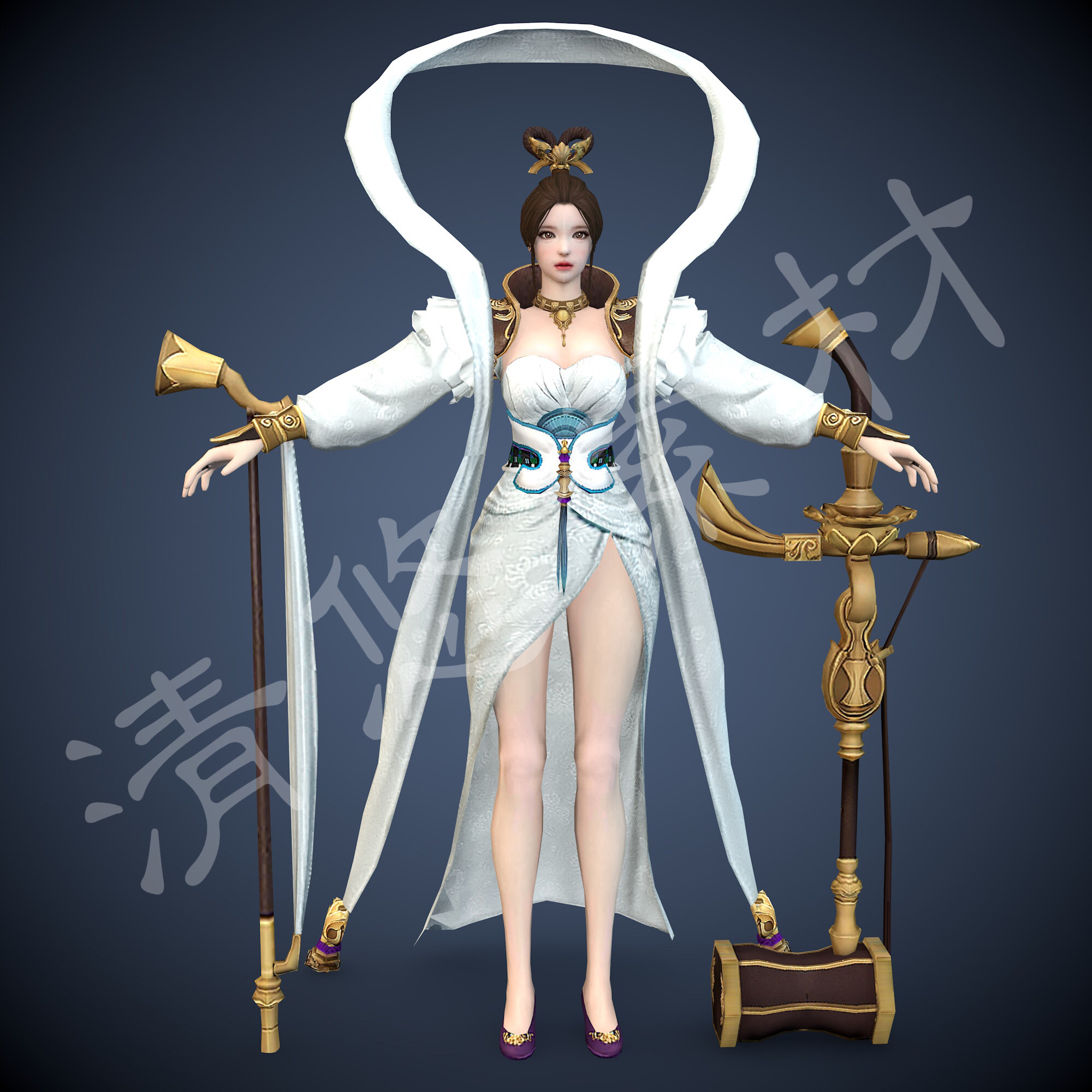 3dmax c4d古风美女模型武侠白衣仙女 二胡设计参考fbx格式 356