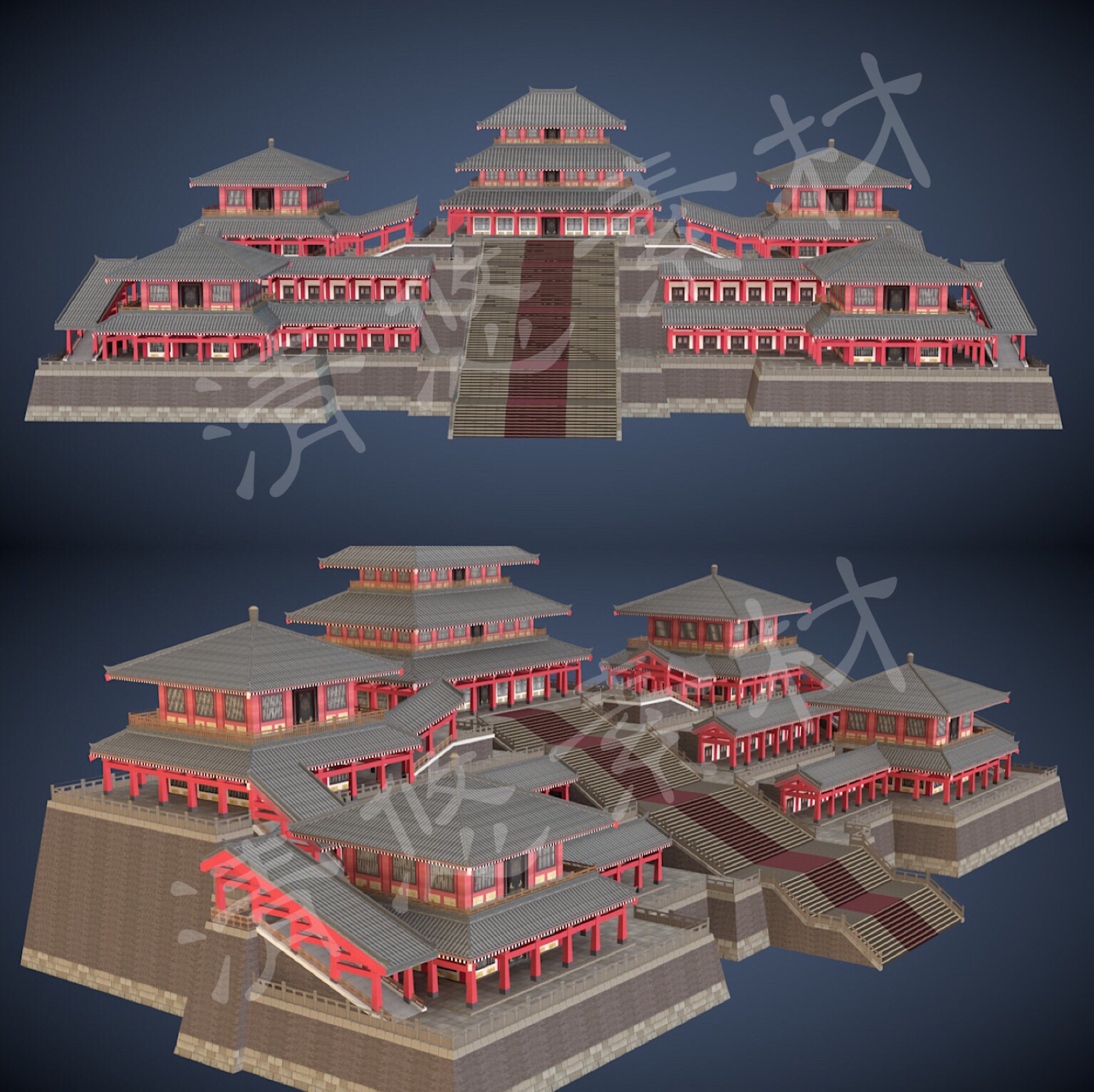 阿房宫古风建筑模型3dmax c4d fbx格式古建筑宫殿室外场景918