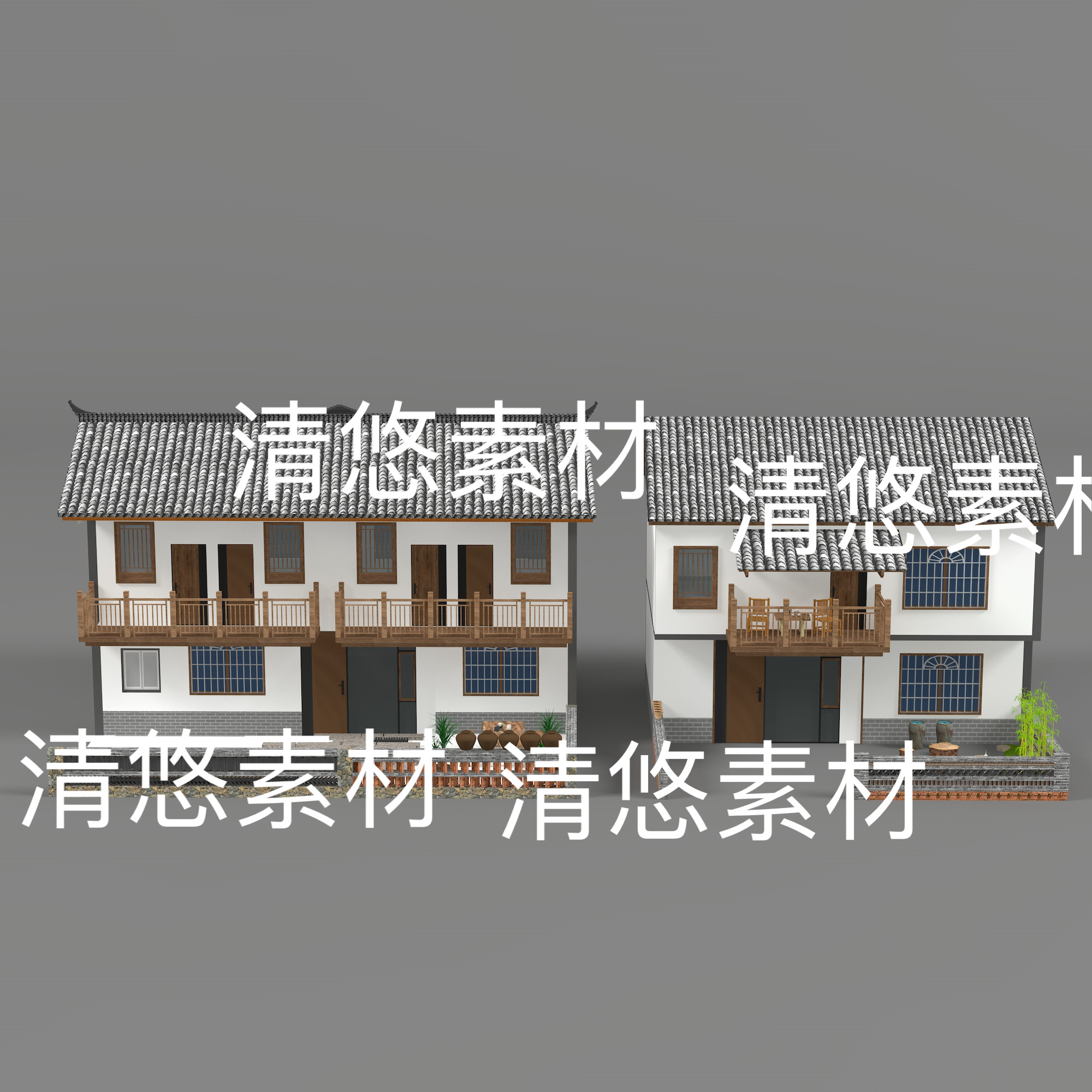 c4d fbx obj格式中式古风乡镇农村居民自建房别墅文件 非实物E83