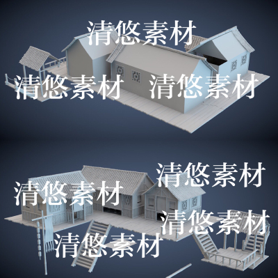 3dmax c4d fbx obj格式模型文件古代竹楼竹屋房子旗杆 非实物A637