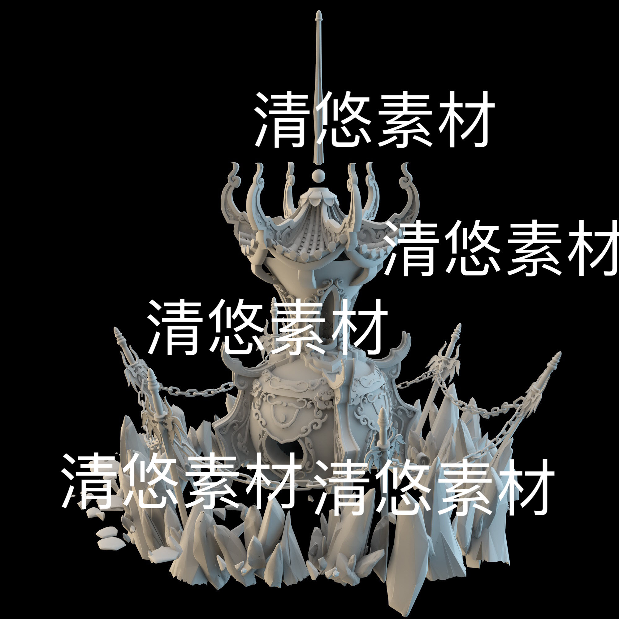 3dmax c4d fbx obj仙侠古风花纹铁链尖石炼丹炉文件 非实物D422