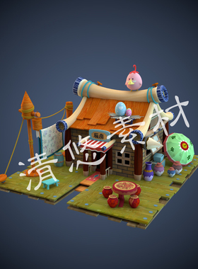 maya 3dmax c4d fbx Q版古风复古建筑棉被桌椅小房子模型文件 A51
