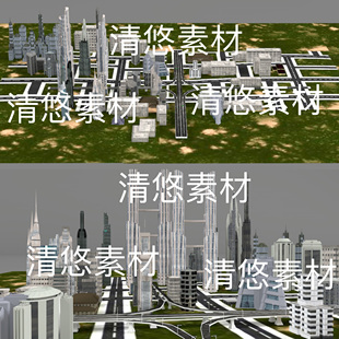 obj现代城市高楼大厦立交桥场景模型文件 非实物D523 fbx 简模c4d