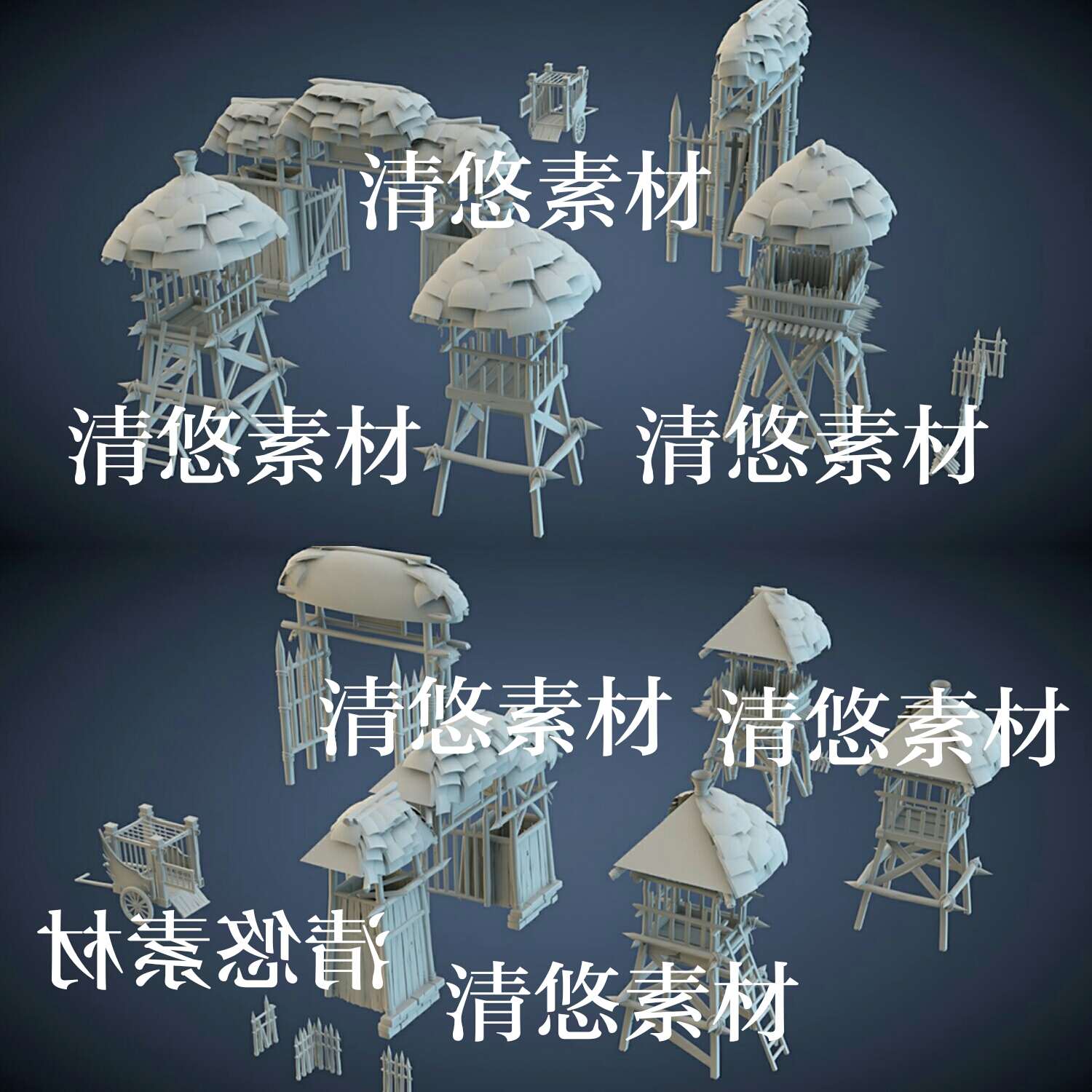 3dmax c4d fbx obj军营山寨大门瞭望塔木围栏栅栏文件 非实物A798