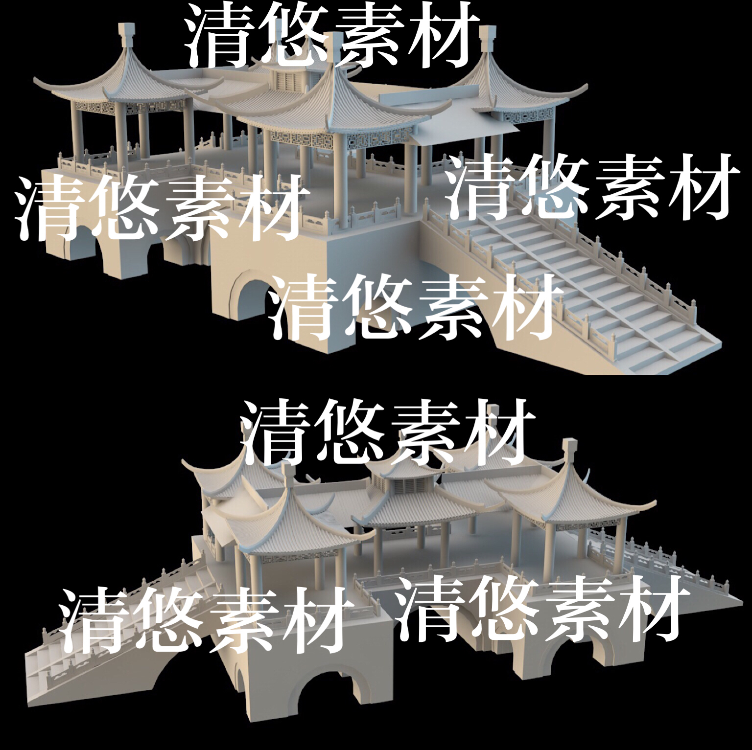 su c4d fbx obj格式古风中式五亭桥建筑石阶围栏文件 非实物B284