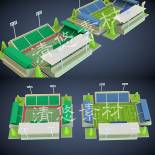 c4d fbx卡通低面体育足球网球场运动户外场景模型1000 maya unity