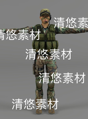 简模c4d fbx格式骨骼绑定人物男现代迷彩士兵军人文件 非实物D865