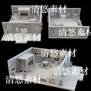 非实物B21 fbx 卡通室内房间床场景模型文件 obj古风Q版 maya c4d