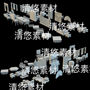 obj格式 c4d fbx 非实物B423 古风室内家具桌椅屏风茶几文件