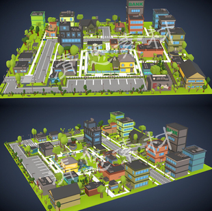 c4d fbx卡通低面多边形房子城市街道小镇场景模型972 maya unity