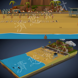 fbx格式 低面迷你多边形卡通Low Poly海边场景maya c4d 920 模型