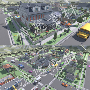 unity卡通场景资源 低边城市建筑现代街道汽车地形模型 848